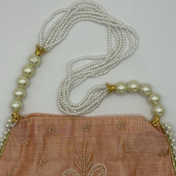 Embellished Peach Tone Indian Potli Bag, Intricate Beading, Faux Pearls - Picture 6 of 8